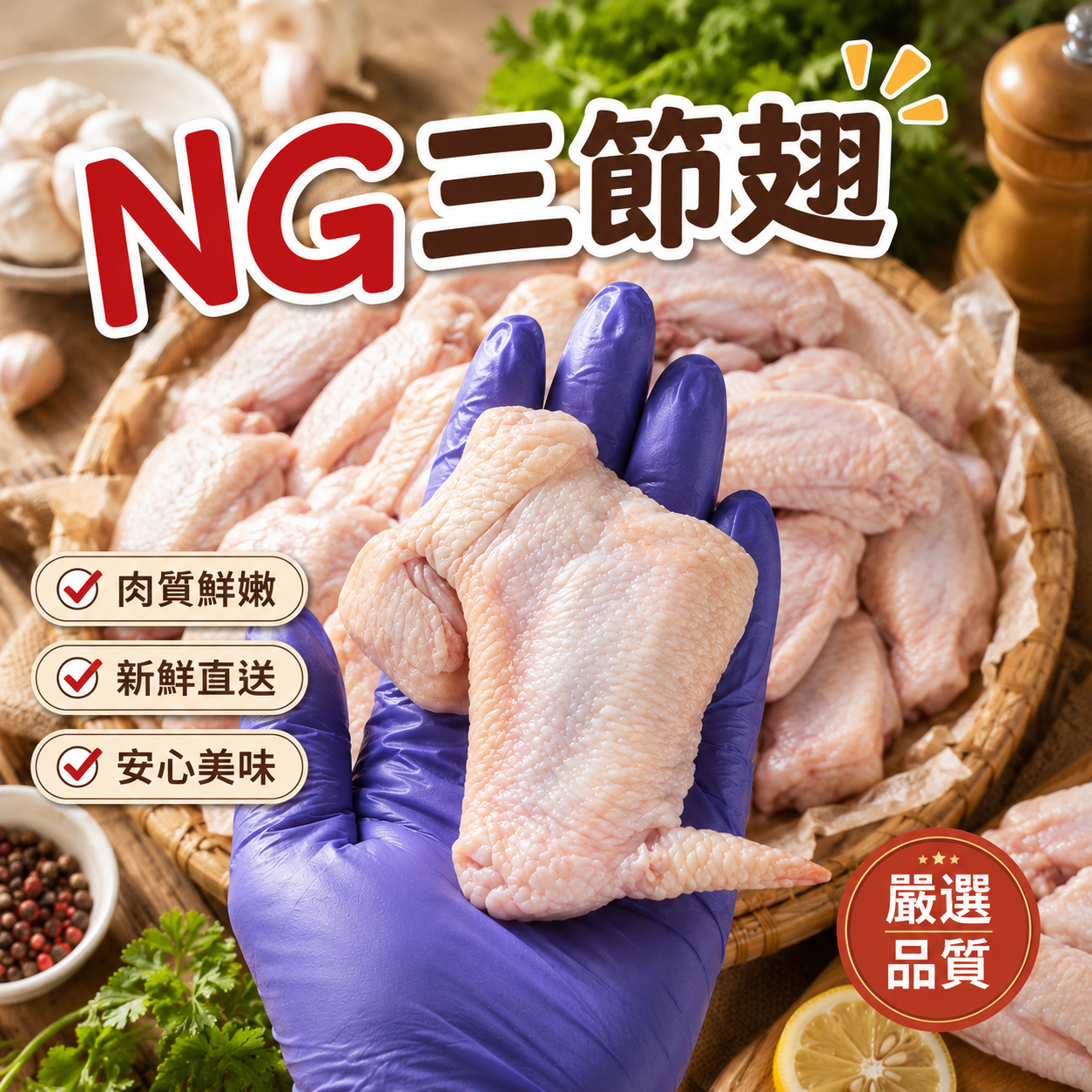 NG三節翅 1公斤+-5%。20包/箱